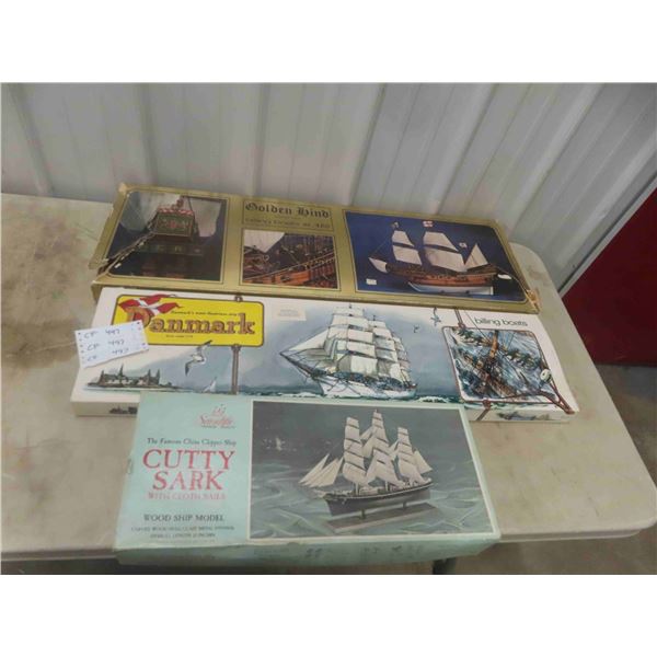 3 Wooden Ship Models: Danmark 1:25 Scale, Cutty Sark 23" Long, Golden Hind 480