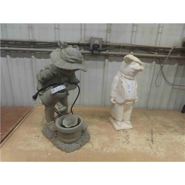 Cement Girl Yard Water Fountain + Pig Plaster Ornament 25" tall