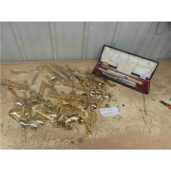 Gold Plated Flatware Set + Sheffield Bone Handled Carving Set