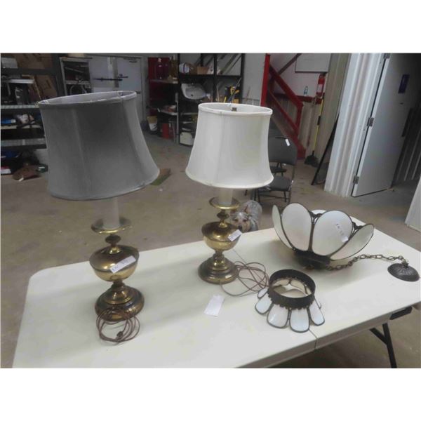 Stained Glass Light Fixture & 2 Brass Lamps