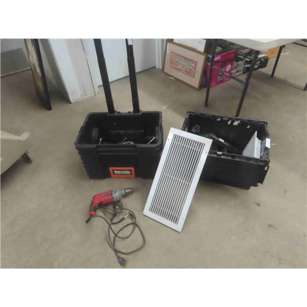 Rolling Tool Box + Storage Bin Full of Milwaukee ; Drill, Crescent + Wrenches, 