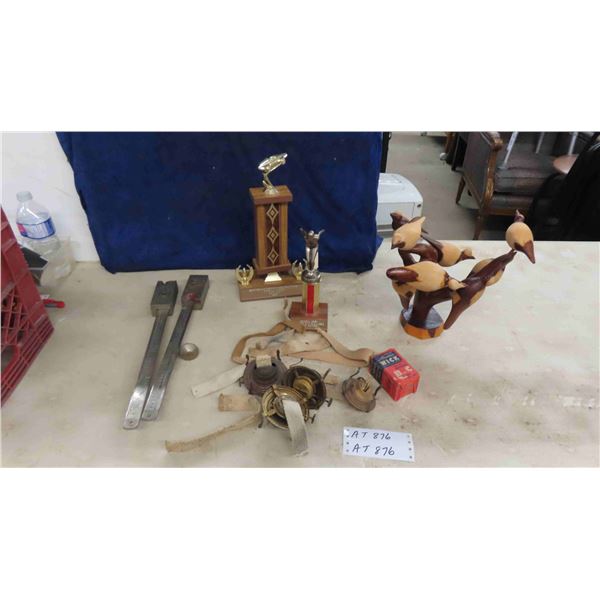 4 Lantern Burners + Box of Wicks, Wood Carving of Birds on Branch, Metal Scale Parts, 