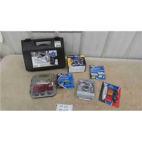 Tire Chains, 12V DC Quick Inflator, Reflector Set, Deer Warning, Husky 46 pc Stubby 
