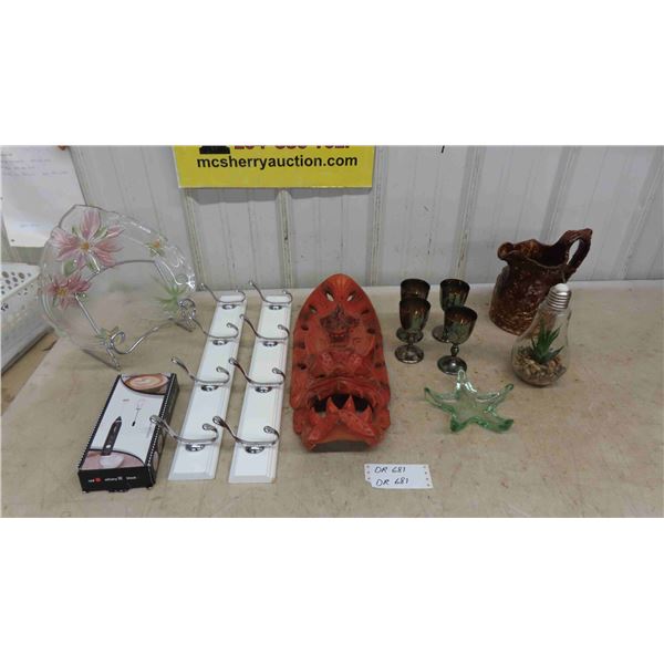 Room Décor ; 2 Coat Racks, 4 Silver Plated Goblets, Wooden Tribal Mask 8" x 18",