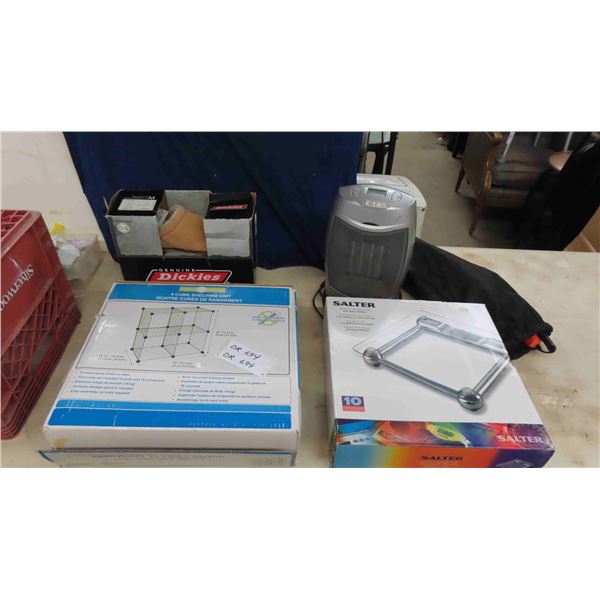 4 Cube Shelving Unit, Lasko Heater, New Men's Slippers Sz 11-12, Car Vac, 