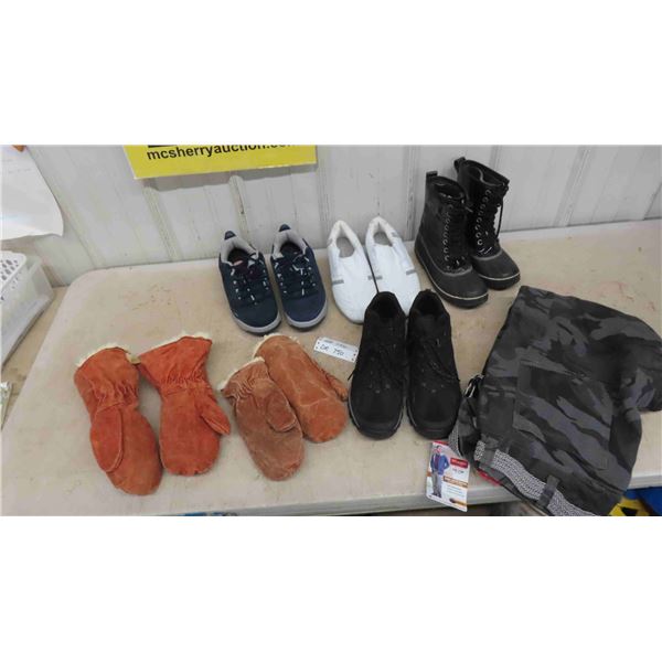 3 Pairs of Men's Running Shoes ;Sz 12, 13 + Sorel Boots Sz 8, 2 Pair of Mitts, New Pants 