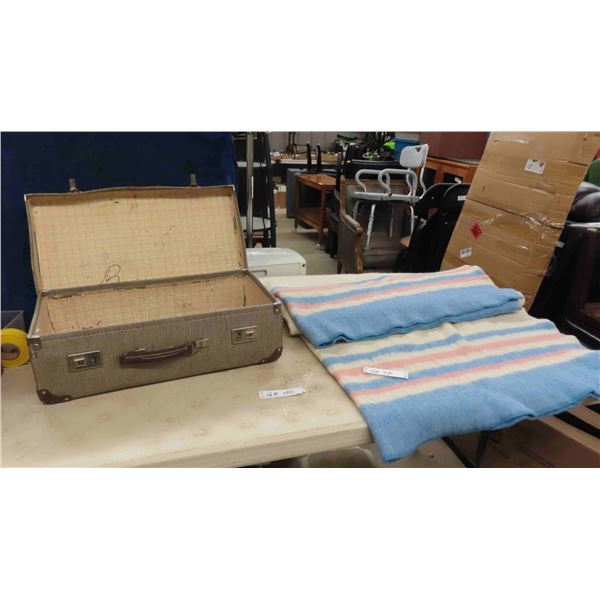 Vintage Wool Blanket 60" x 72" (approx.) & Suitcase