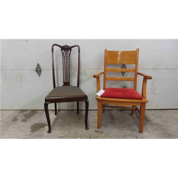 2 Antique Chairs ; Mahogany Dining Chair & Oak Desk Chair with Arms