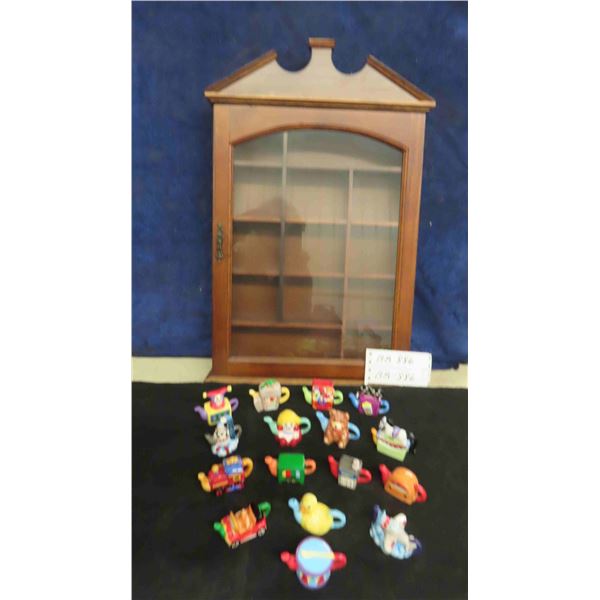 Complete Set of 16 Tea Pots Wade Red Rose Figurines with Wall Cabinet