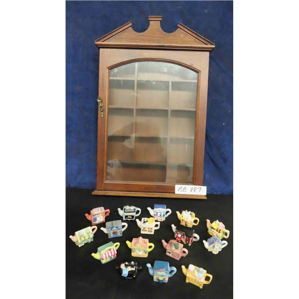 Complete Set of 16 Tea Pots Wade Red Rose Figurines with Wall Cabinet