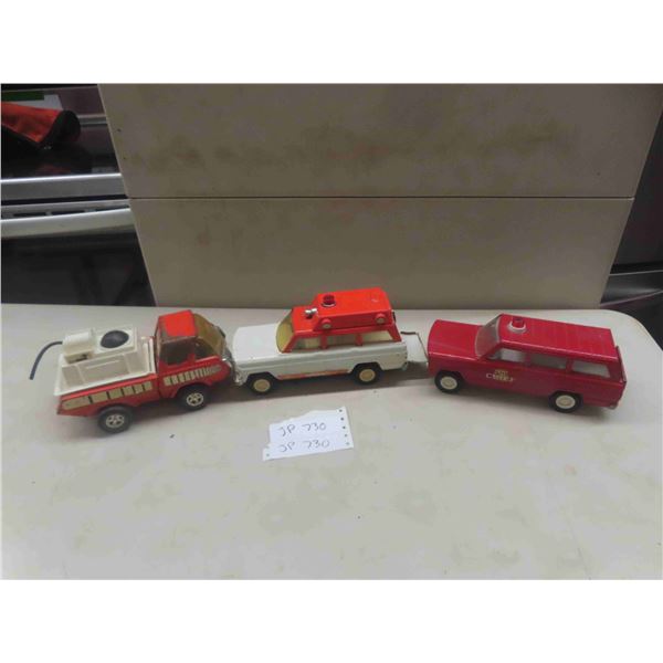 3 Tonkas ; Ambulance - Metal, some Plastic 3" x 4.5" x 9.5", Fire Chief - Metal 