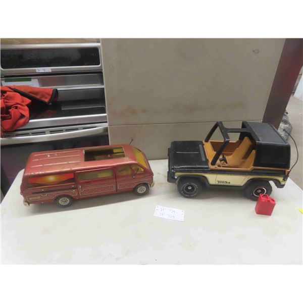 2 Tonka Metal Van 6" x 7" x 18", Tonka Jeep Metal + Plastic 9" x 10" x 18"