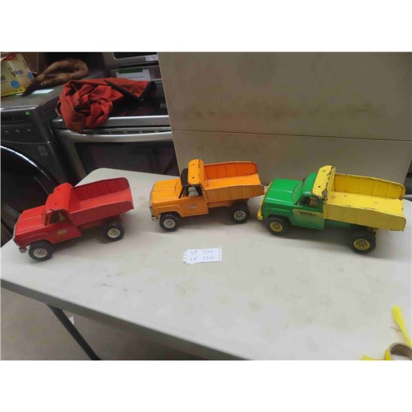 3 Tonka Metal Dump Trucks - 6" c 6.5" x 13.5"