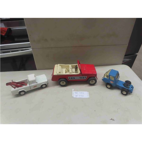 3 Tonkas; Jeep - Metal 5.5" x 5.5" x 12", Tow Truck - Metal 3.5" x 3.5" x 9", Truck ( no trailer) 