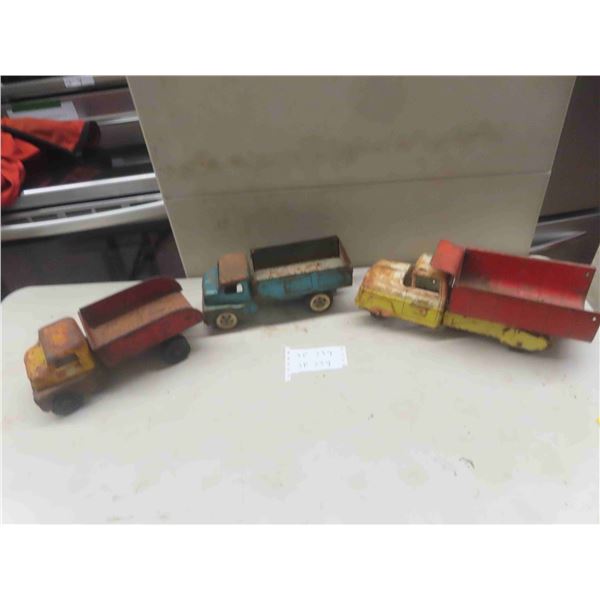 3 Pressed Metal Trucks ; Husky 5"x 5" x 11", Structo 4" x 4.5" x 11", Lumar 5" x 6"x 14.5"