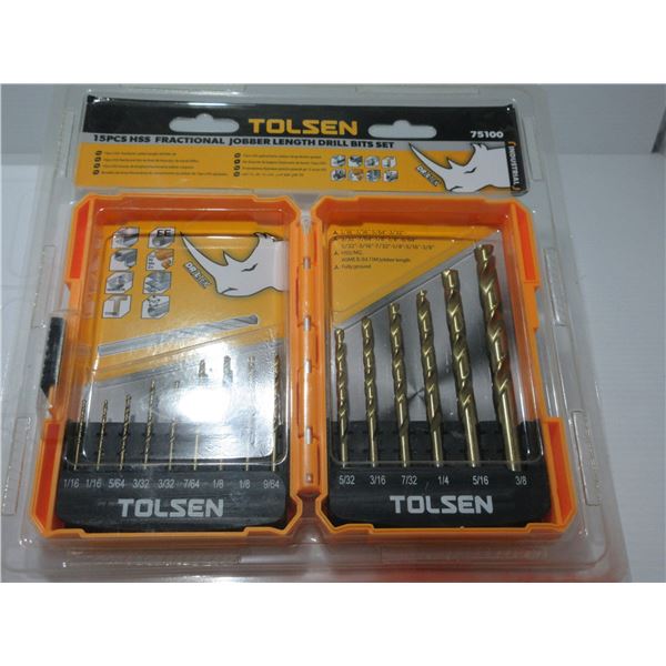 NEW:  TOLSEN 15 PIECE HSS FRACTIONAL JOBBER LENGTH DRILL BITS SET