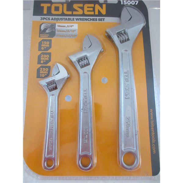 NEW:  TOLSEN 3 PIECE ADJUSTABLE WRENCH SET