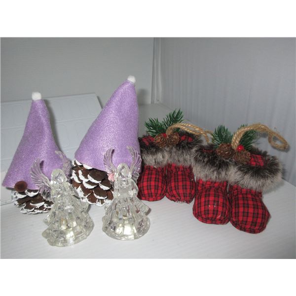 ESTATE:  6 ASSORTED CHRISTMAS ORNAMENTS (PINE CONE GNOMES, BOOTS, ANGELS)