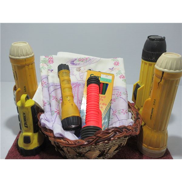 ESTATE:  BASKET C/W FLASHLITES (INCLUDING JOHN DEERE), CRAYONS, PILLOW SHAMS, ETC