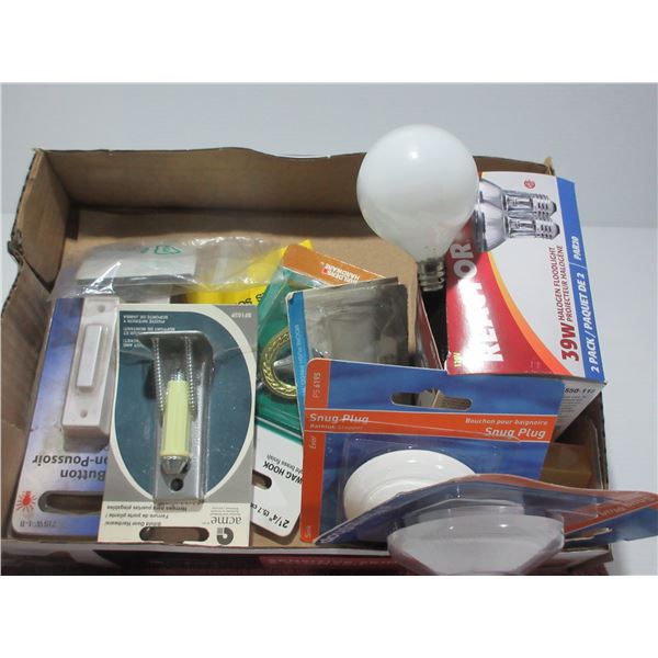 ESTATE:  BOX C/W DRAIN PLUGS, LIGHT BULBS, HARDWARE, ETC