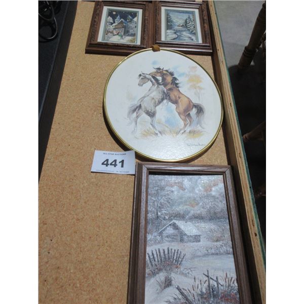 ESTATE:  4 PICTURES (2 CROSS STITCH, HORSE & PAINTED CABIN)