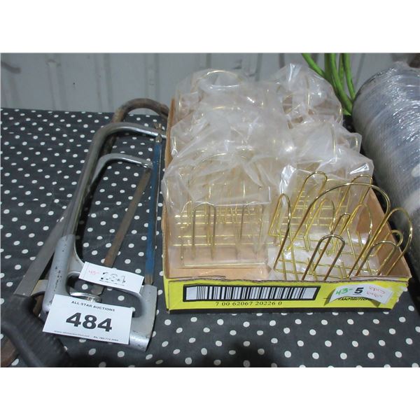 2 SAWS, GOOSENECK BAR & BOX C/W CONDIMENT HOLDERS