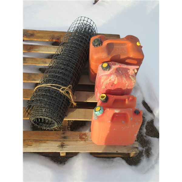 PALLET - 4 GAS CANS, FENCING