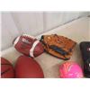 Image 3 : Box of Sports Equipment ; Baseball Gloves, Football, Basketball, Ringette Rings