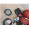 Image 6 : Box of Sports Equipment ; Baseball Gloves, Football, Basketball, Ringette Rings