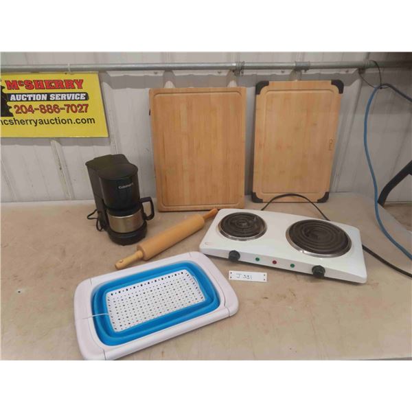 Cutting Boards, Rolling Pin, New Drain Pan, Double Hot Plate, 