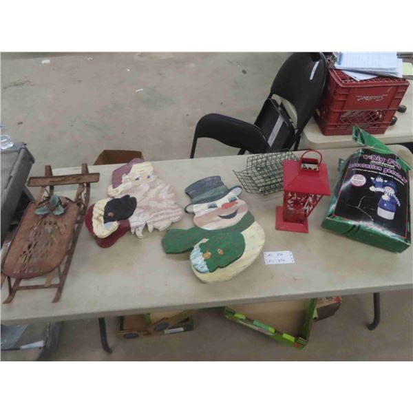 Christmas Metal Sleigh 12"x 23", Wood Face Santa  + Snowman, 6' Inflatable Snowman,