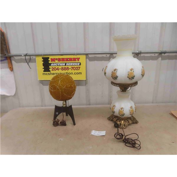 Vintage Hurricane Parlor Lamp Double Ball with Yellow Flower Milk Glass and Brass Accents 25'' Tall 