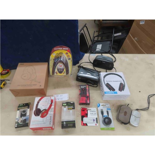 Assortment of Earbuds, Head Phones, Gaming Headset - All New in Box, 2 Clock 