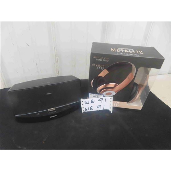 Metallic Stereo Headphones New Old Stock, Philips iPod Dock