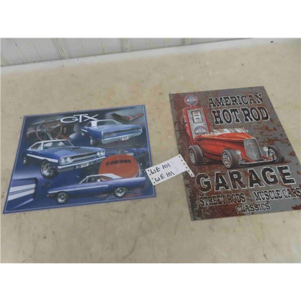 2 Modern Metal Signs ; 12" x 15" GTX  & 12.5" x 16" Hot Rod Garage