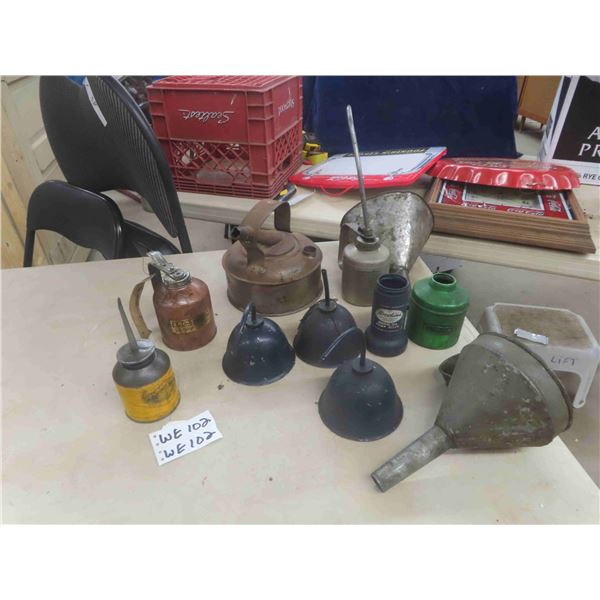 Oil Squirt Cans - some with labels + Funnels