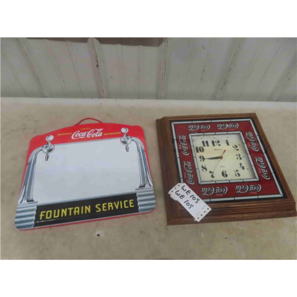 Coca-Cola Clock 14.5" x 14.5" - crack on glass & Coca-Cola White Board 13.5" x 15"