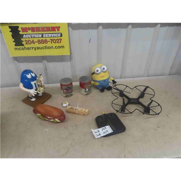 Drone DX-3 Remote Control, M+M Figurine, Pedal Boat , Hot Dog Bank, Train Whistle