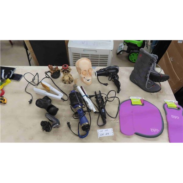 Blow Dryers, Straighteners, Men's Razors, Columbia Sz 9 Ladies Boots, Knick Knacks,