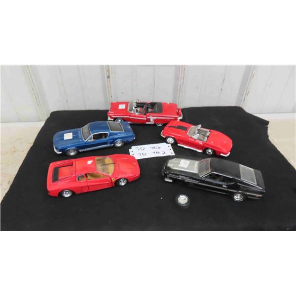 5 Die Cast Cars - 1:24 Scale ; 67 Ford Mustang, Ferrian, 67 Corvette, Mach 1 Mustang