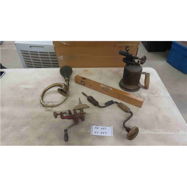 Vintage Drill, Wooden 18" Level, Torch, Grinding Wheel + Vintage Brass Horn