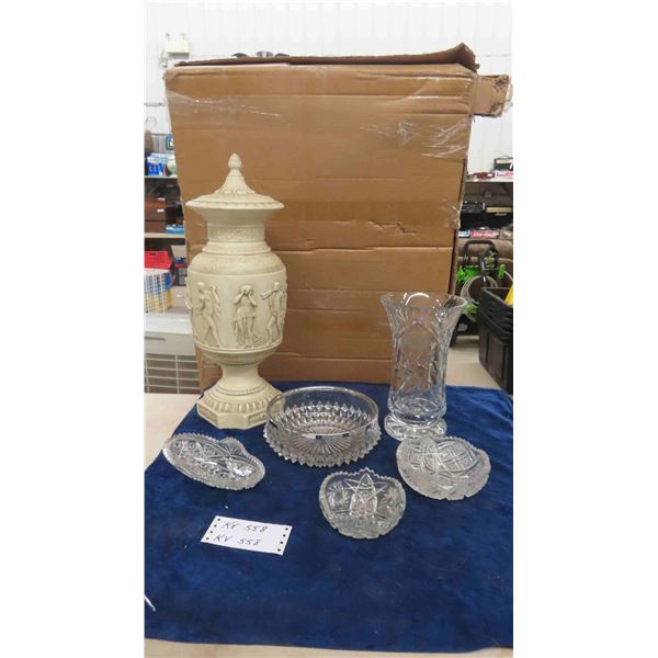 5 pcs Crystal ; Vase, Serving Bowl, 2 Pc 21" Decorative Urn & 3 Pc Heavy Cut Crystal