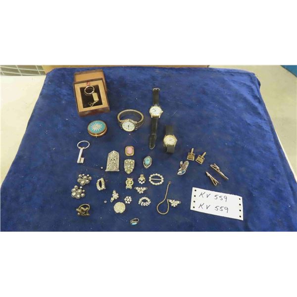 3 Men's Watches, Vintage Jewelry, Cuff Links, Tie Clips