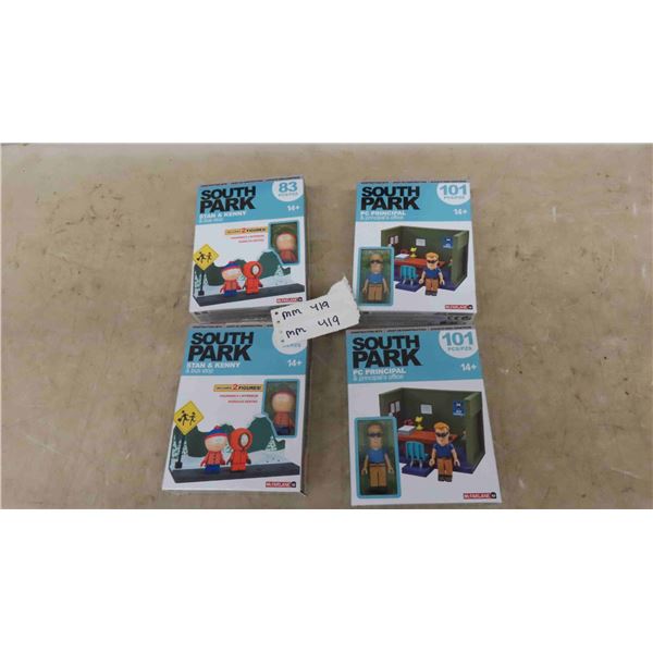 4 New Old Stock South Park Figurines in Different Settings ; Bus Stop + Principle's 