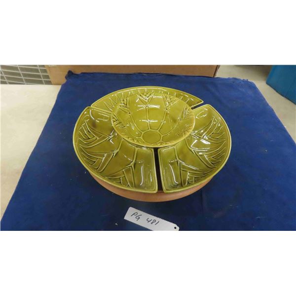 California USA Pottery L59 Lazy Susan Divide Dish Set Mid Century Modern Olive