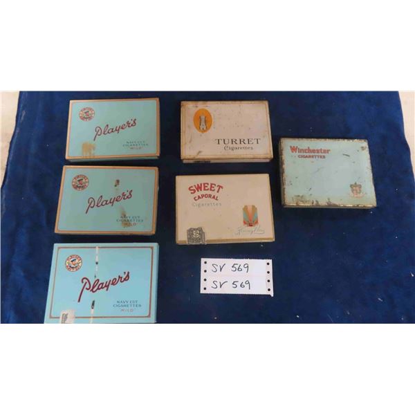 6 Cigarette  Tins ; Players, Sweet Caporal, Turret, Winchester & 1 Cardboard Players
