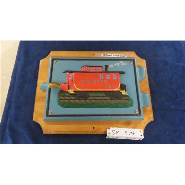 Caboose Stove Door Mounted on Oak 12" x 15" 