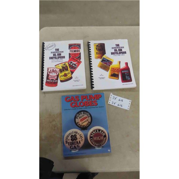 3 Collectors Books ; American Oil Can Volume 1+2, Gas Pump Globes