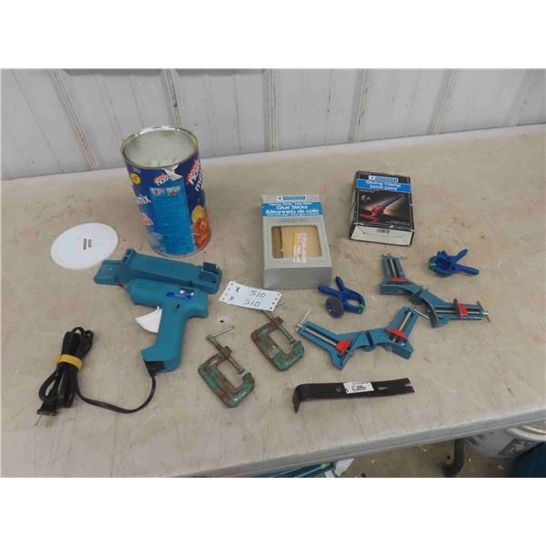 Glue Gun, Quantity of Glue Sticks, Clamps. Nail Pry