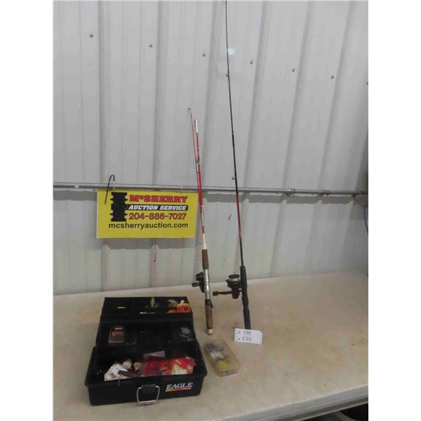 Eagle Tackle Box with Tackle, Hooked, Jigs, Lures & 2 Fishing Rods with Reels
